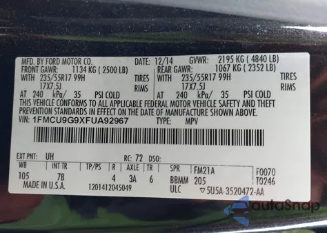 2015 Ford Escape Se from USA, damaged, VIN 1FMCU9G9XFUA92967